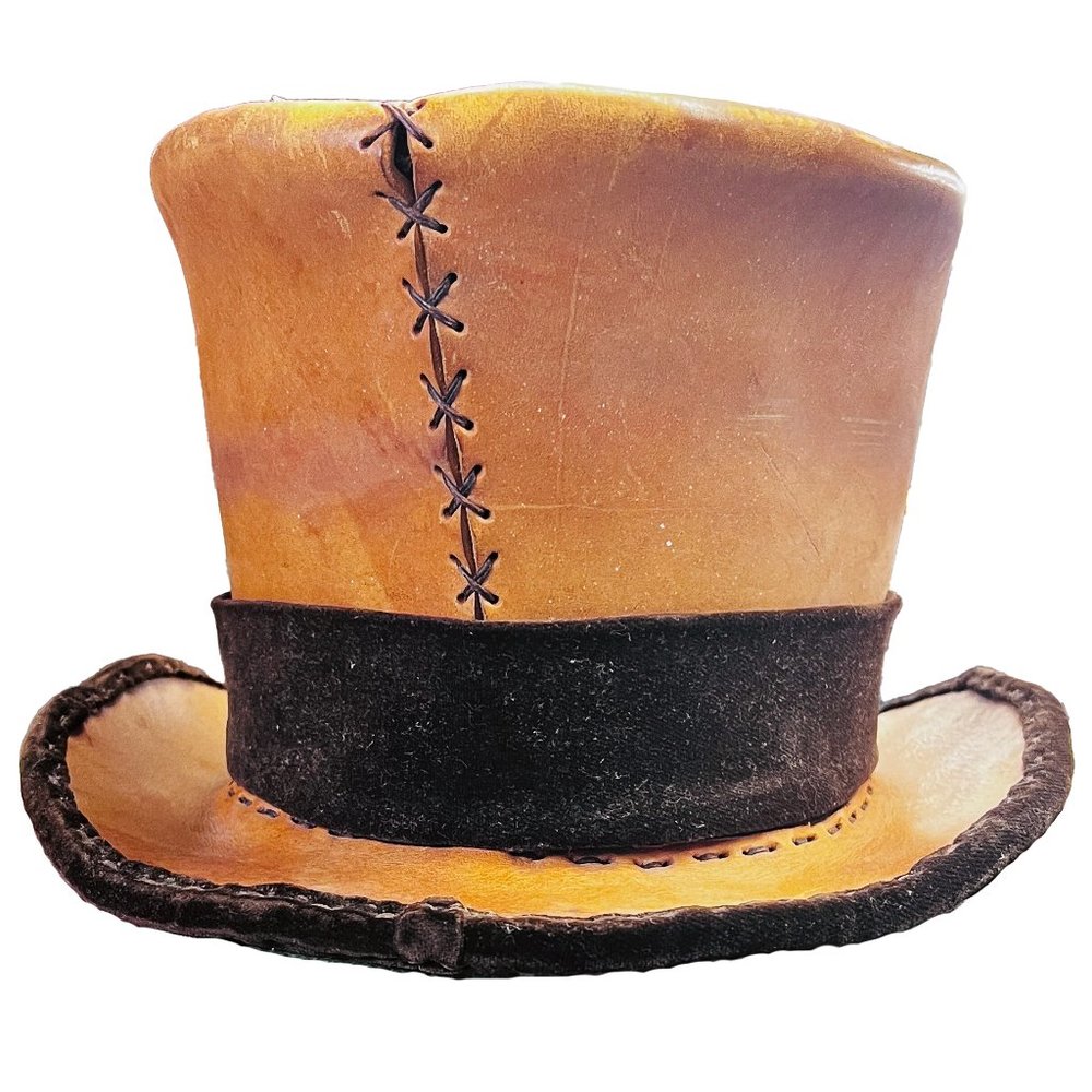 Vintage Handstitched Tan Leather Top Hat with Velvet Trim, Unique Steampunk